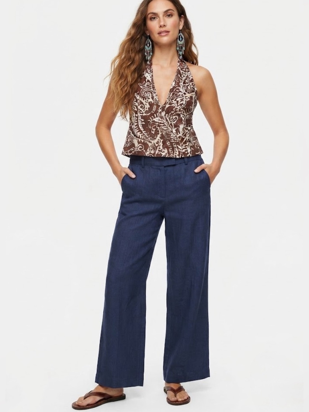 Zara Navy Blue Herringbone Linen Wide Leg Pants S - Picture 11 of 11